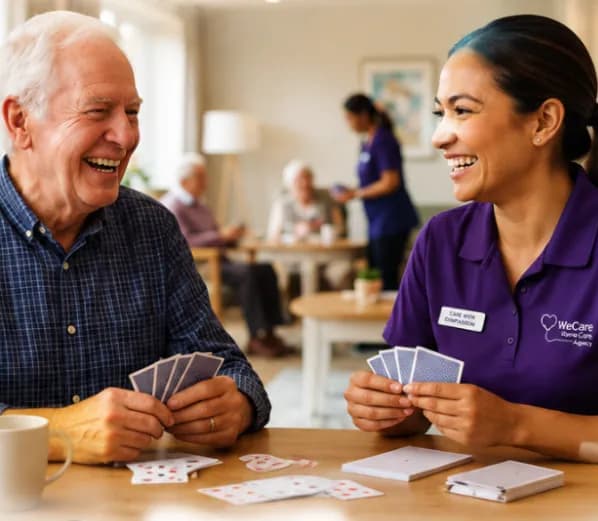 WeCare caregiver sharing a warm moment with a client at home