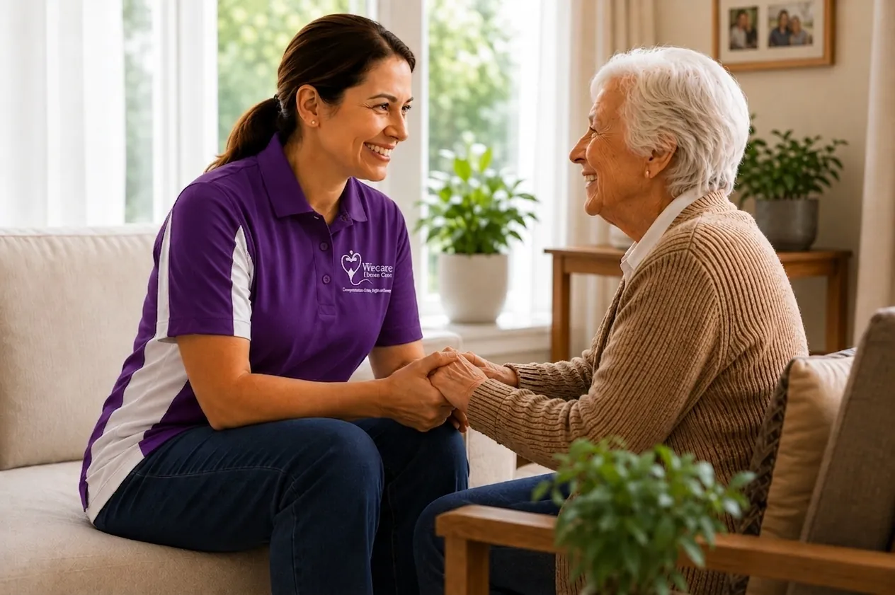 Young caregiver holding hands with an elderly woman, smiling